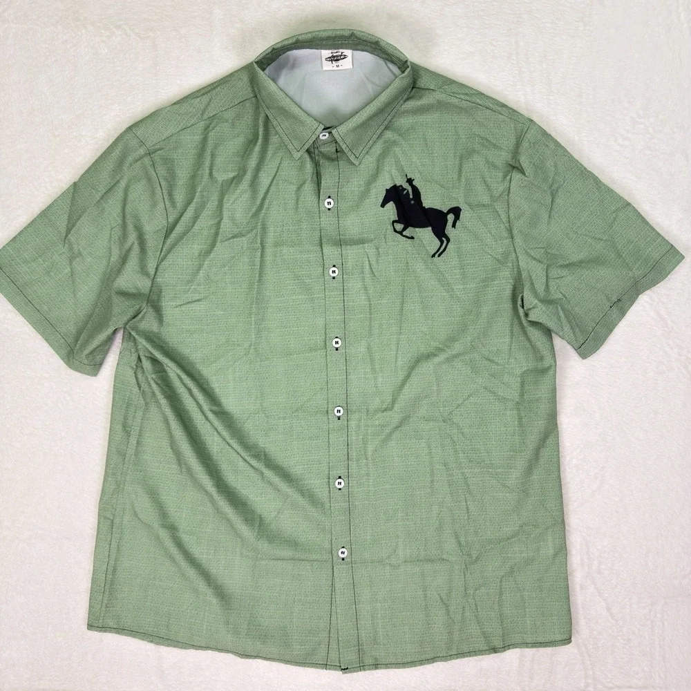 Fydude‎ Shirt Mens Medium Green Catch The Waves Hawaiian Button Horse Cowboy